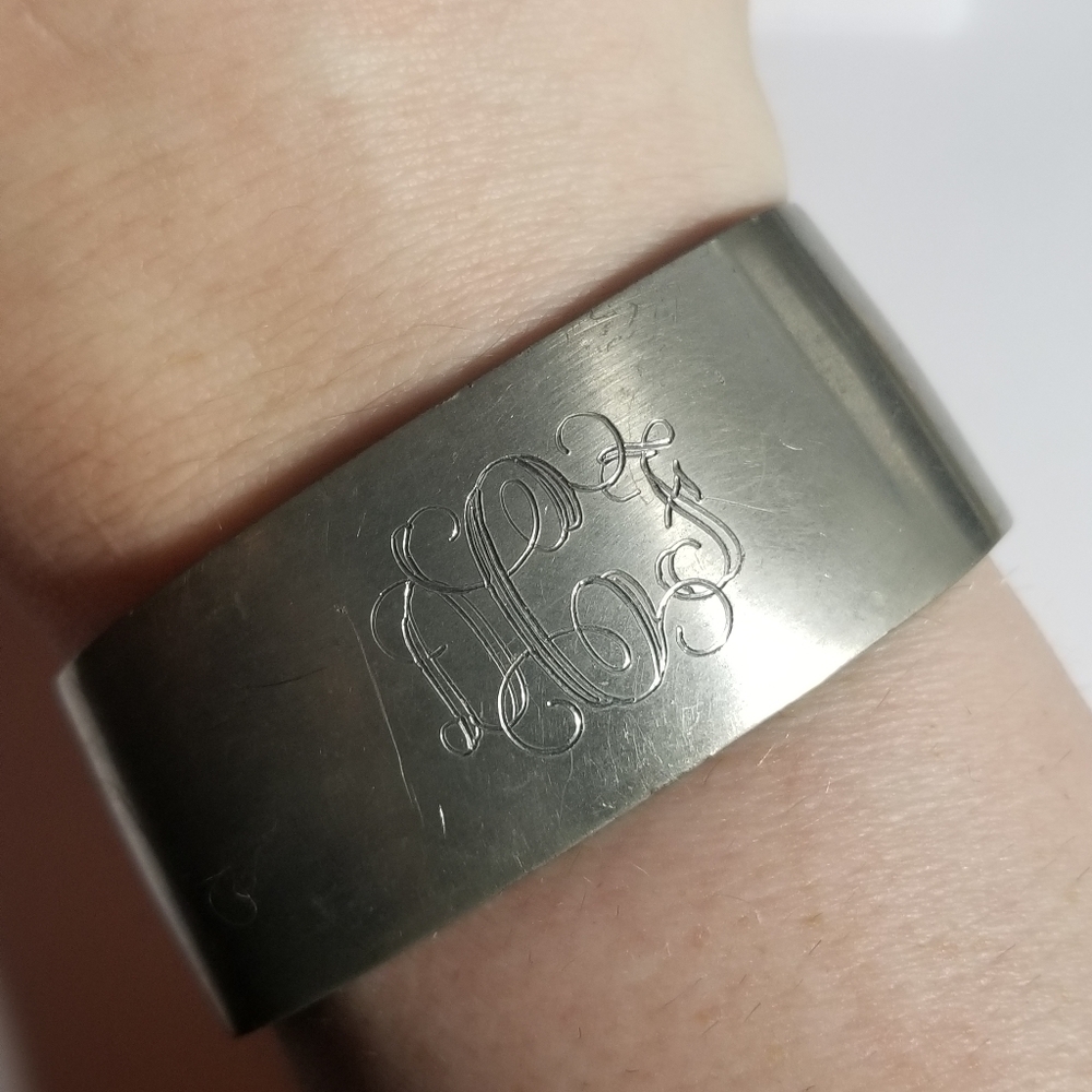 Vintage Pewter cuff bracelet engraved initials silver tone monogram